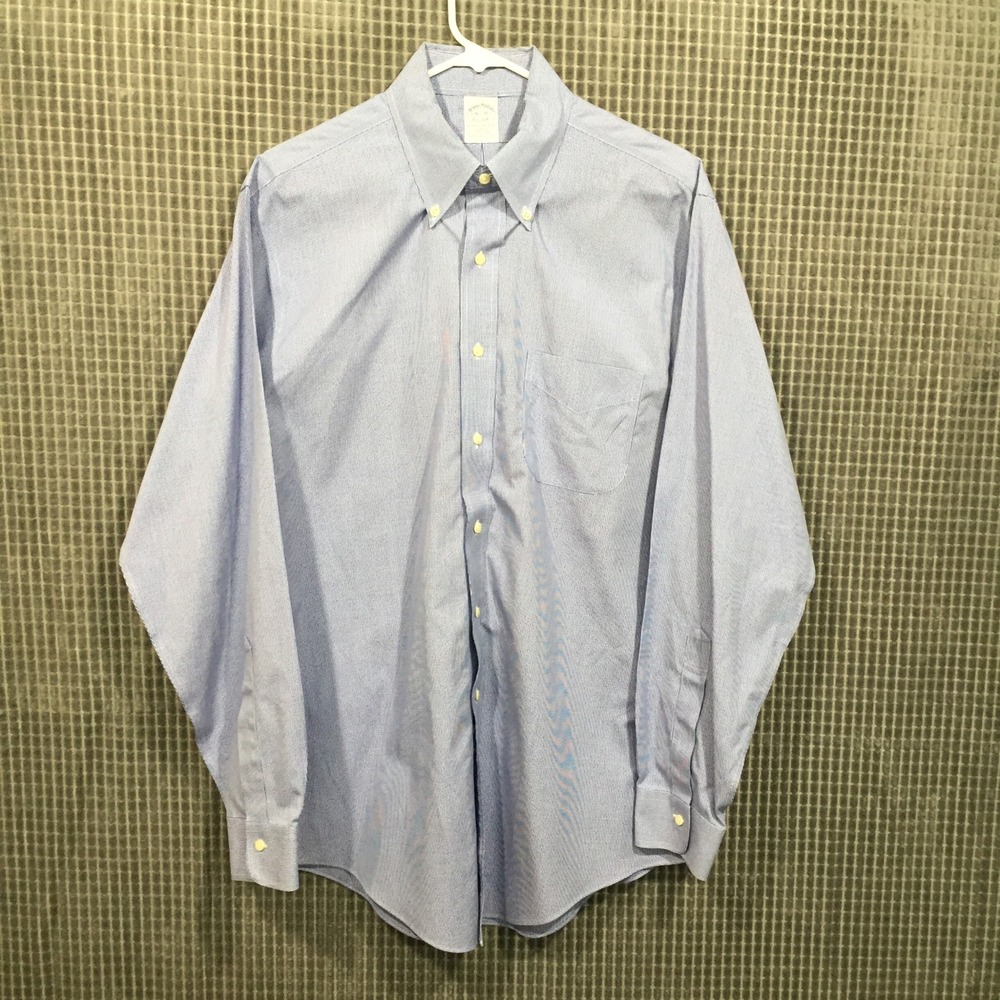 Brooks Brothers Original Men Slim Fit Non Iron Dress Shirt Blue Houndstooth 16.5